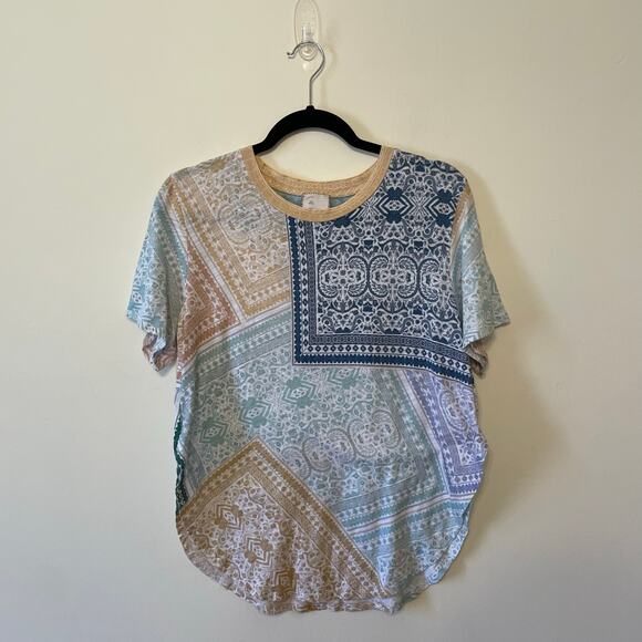 Anthropologie S short sleeve blouse bohemian t-shirt summer casual floral AOP - Picture 1 of 7